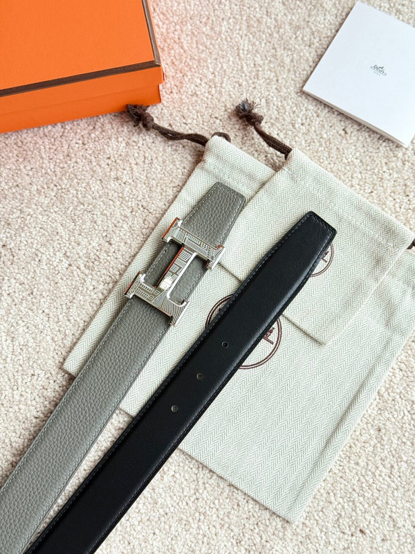 HM Silver H 5382 Faubourg Buckle Belt 32mm Gray Green Leather 187600