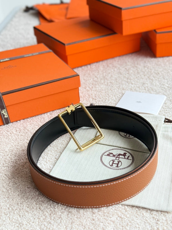 HM Gold Tube H Buckle Belt 38mm Brown Leather 187781