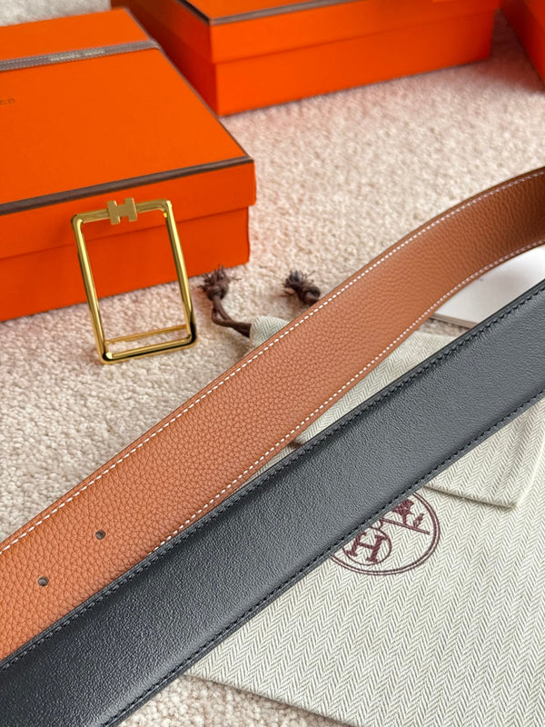 HM Gold Tube H Buckle Belt 38mm Brown Leather 187781