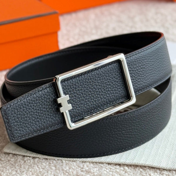 HM Silver Tube H Buckle Belt 38mm Black Leather 187780