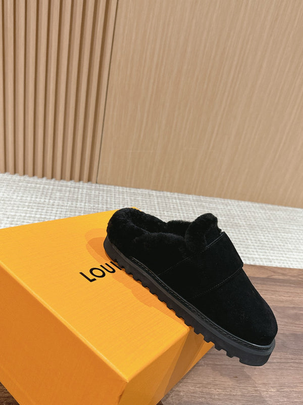 LV Cosy Flat Comfort Clog Black Fur Lining Suede