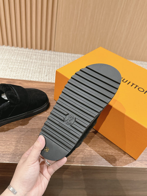 LV Cosy Flat Comfort Clog Black Fur Lining Suede