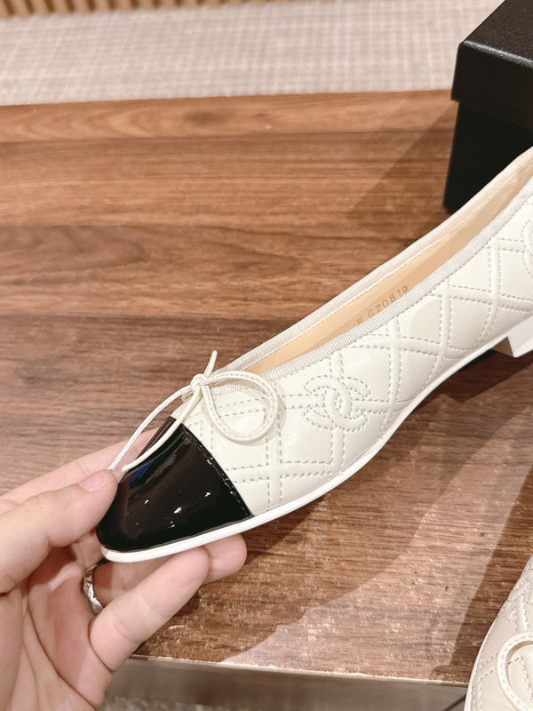 ballet flat cream quilted lambskin black patent calfskin