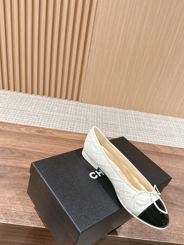 ballet flat cream quilted lambskin black patent calfskin
