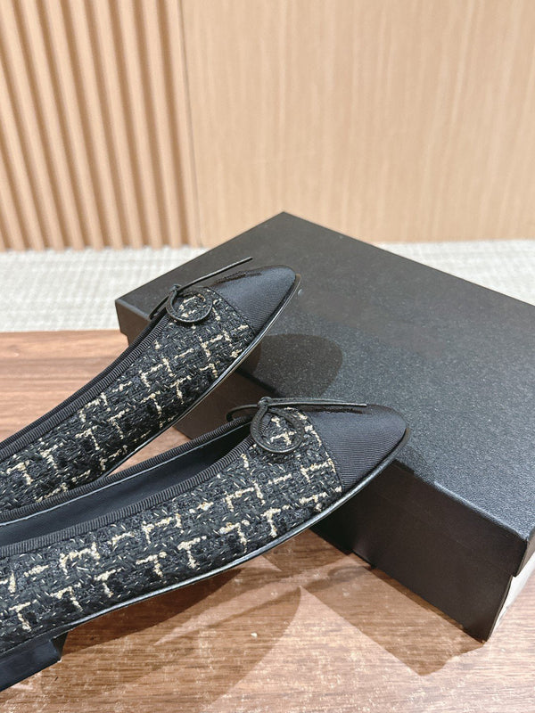 ballet flat beige black tweed grosgrain