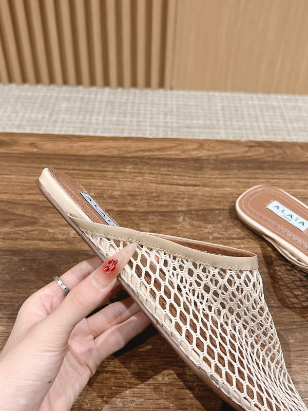 flat mule fishnet beige lambskin