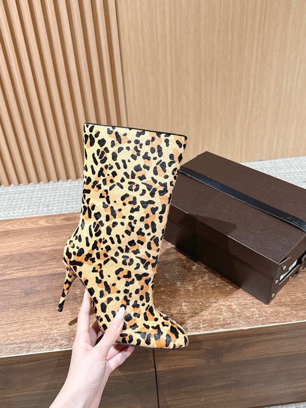 ALAIA high-heeled short boots leopard print velvet 386014