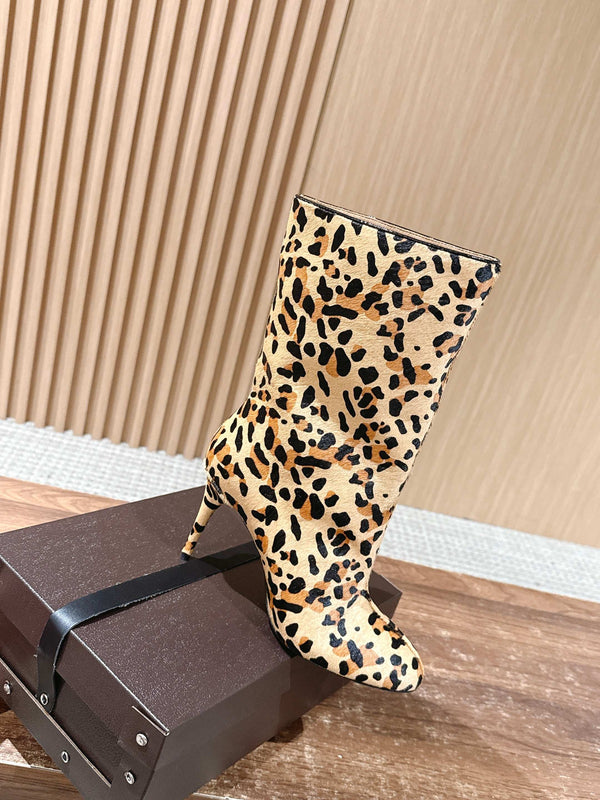 ALAIA high-heeled short boots leopard print velvet 386014