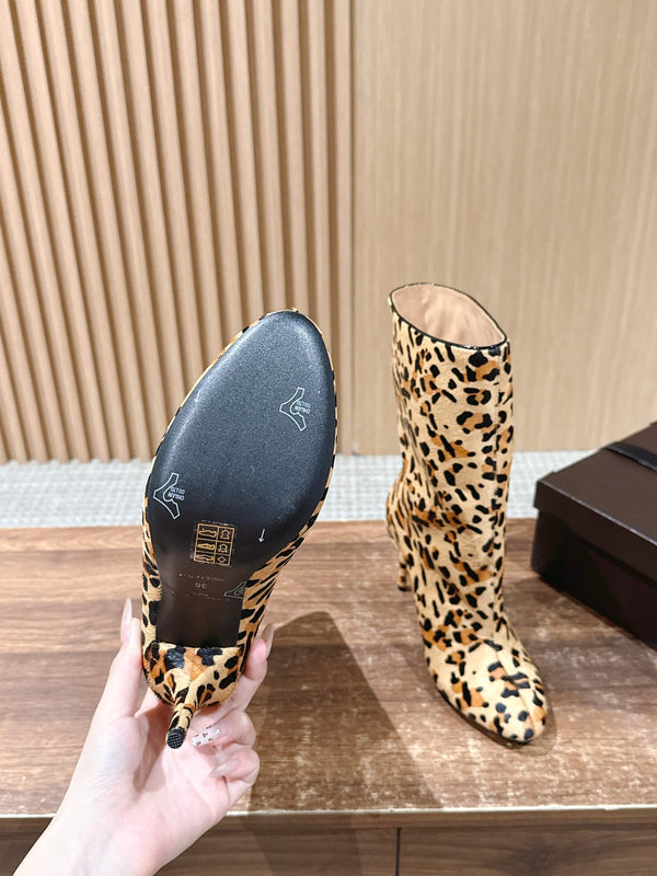 ALAIA high-heeled short boots leopard print velvet 386014