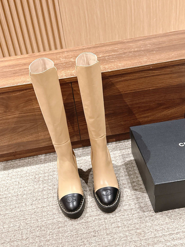 CC 25 Chelsea High Boots With Chain 85mm Black Beige Calfskin 428216