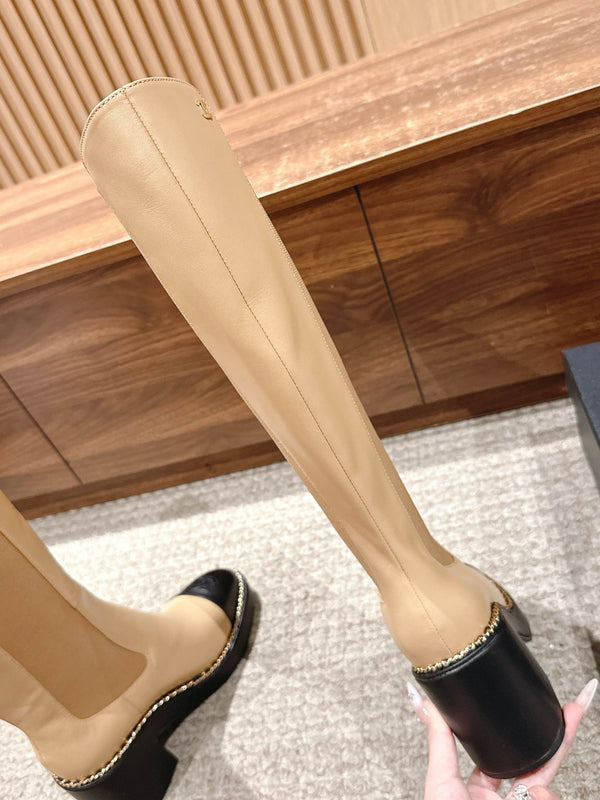 CC 25 Chelsea High Boots With Chain 85mm Black Beige Calfskin 428216