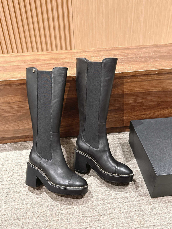 CC 25 Chelsea High Boots With Chain 85mm Black Calfskin 428221