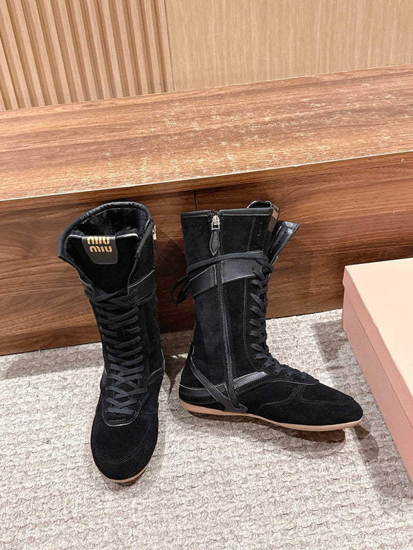 Miumiu 25 Bottes en daim et cuir de veau noirs 553694