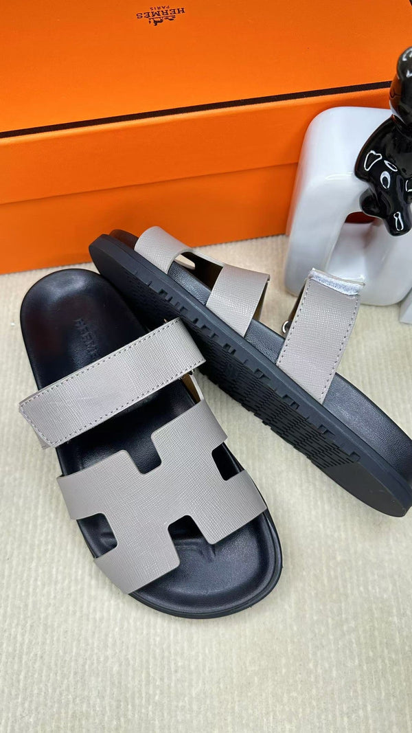 HM Men's Chypre Slide Black Grey Cowhide 540211