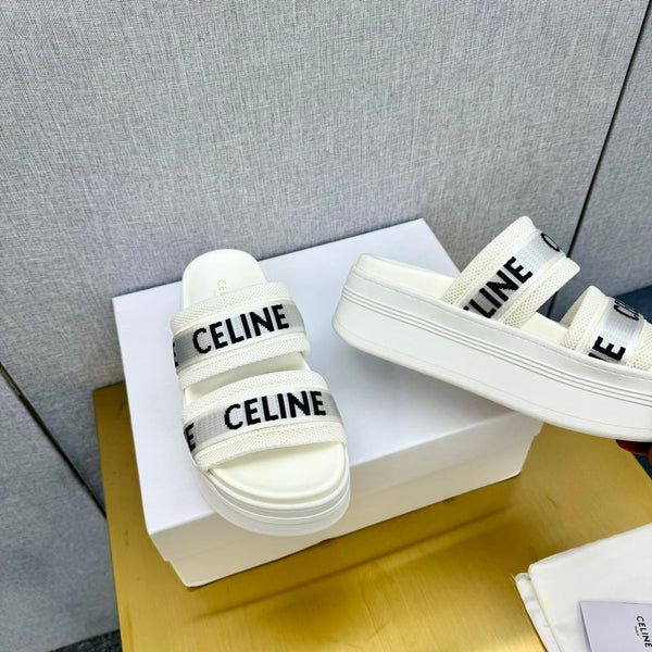 Celine Flatform Dad Sandal Mule White Fabric with Rubber 238141