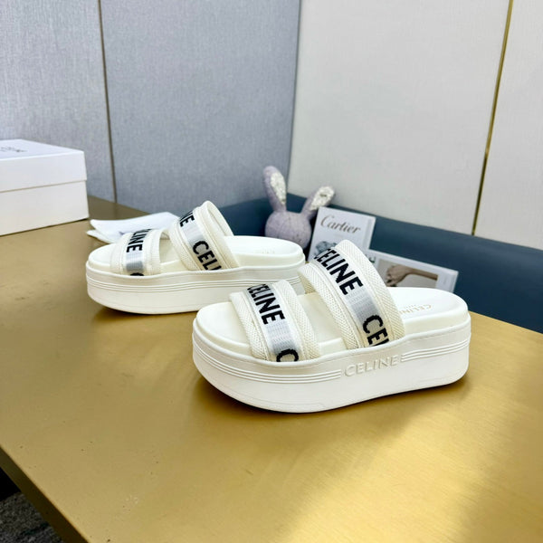 Celine Flatform Dad Sandal Mule White Fabric with Rubber 238141