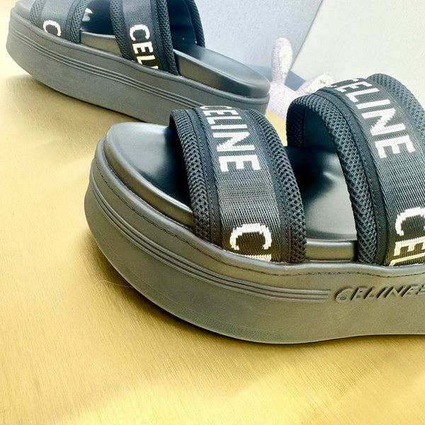 Celine Flatform Dad Sandal Mule Black Fabric with Rubber 238142
