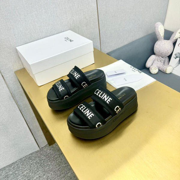 Celine Flatform Dad Sandal Mule Black Fabric with Rubber 238142