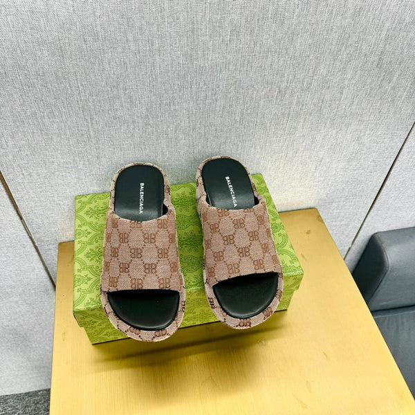 WEDGE SANDALS IN LIGHT BROWN MONOGRAM JACQUARD FABRIC