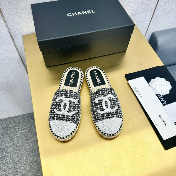 espadrilles mule black white tweed white sequin