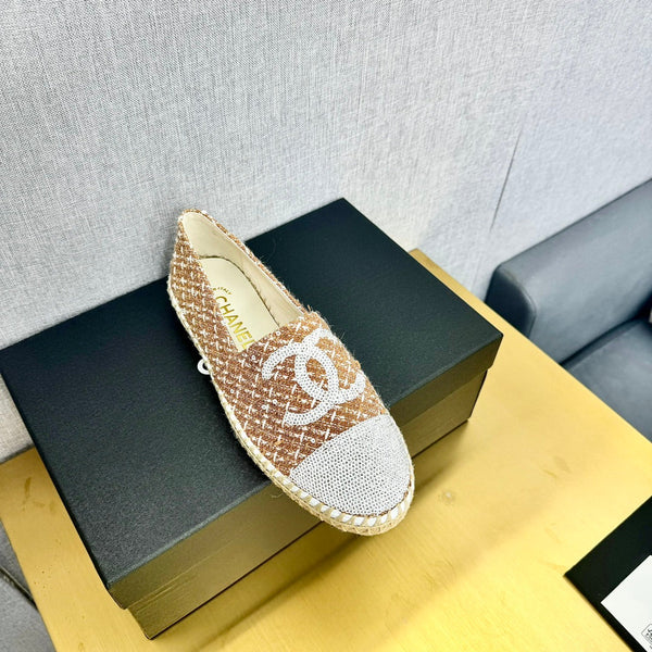 espadrilles brown tweed white sequin