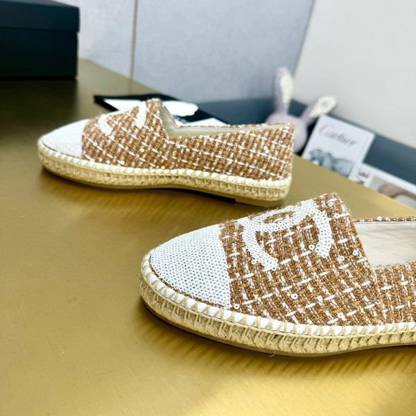 espadrilles brown tweed white sequin