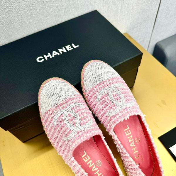 espadrilles pink white tweed cotton white sequin