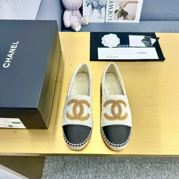 espadrilles yellow white tweed black grosgrain