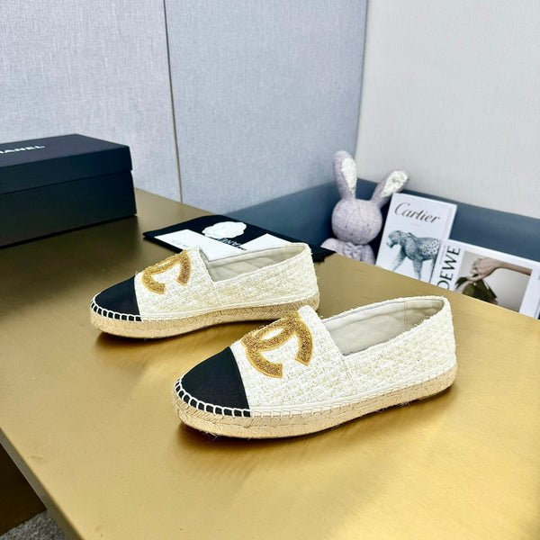 espadrilles yellow white tweed black grosgrain