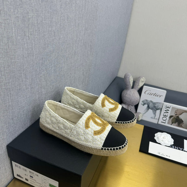 espadrilles yellow white tweed black grosgrain