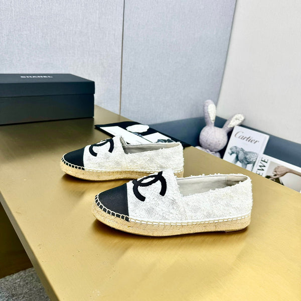 espadrilles white tweed cotton black grosgrain