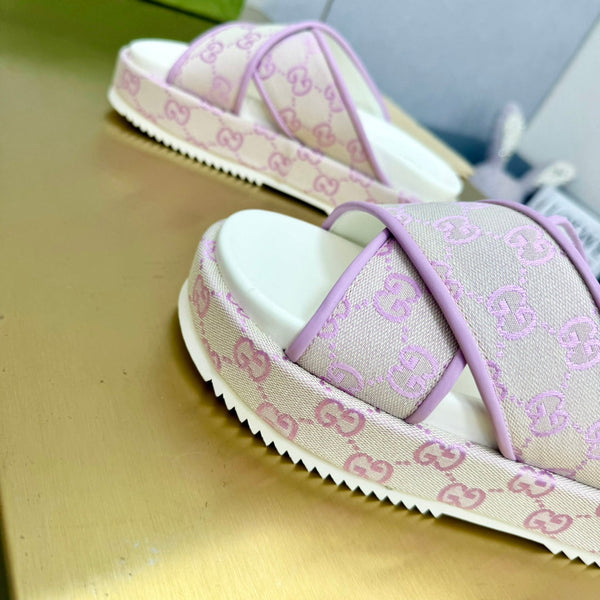 GG SLIDE SANDAL PASTEL PINK CANVAS CROSS STRAPS