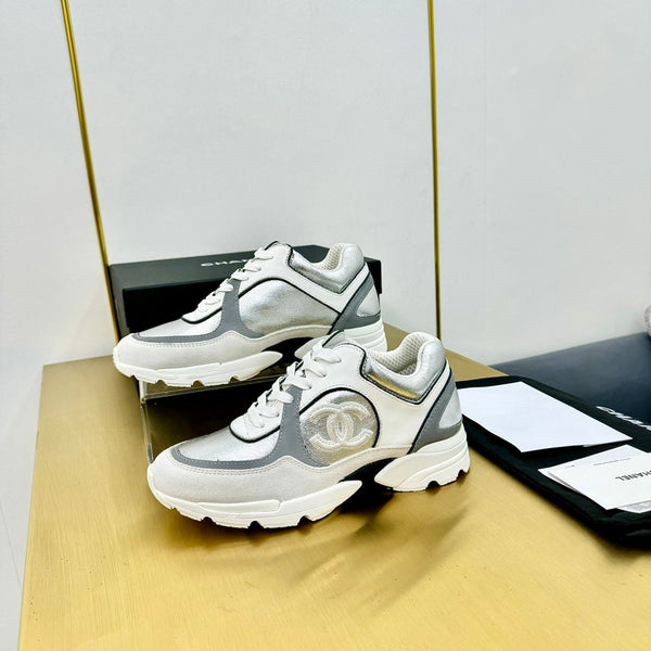 cc womens sneaker in silver wool tweed and white grey suede calfskin 137608