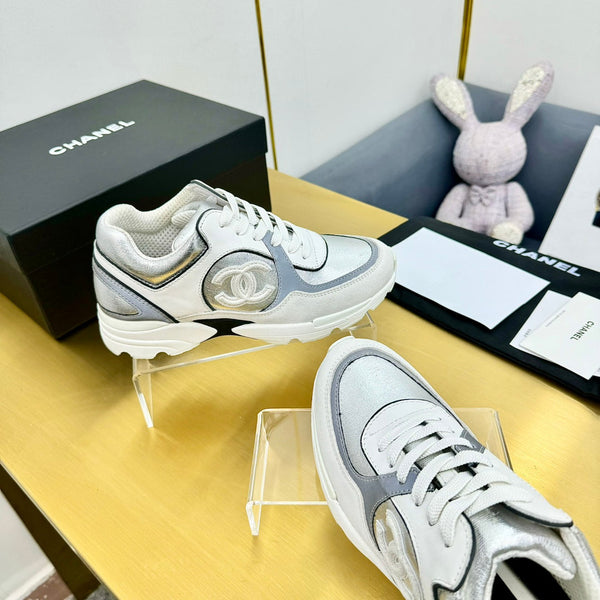 cc womens sneaker in silver wool tweed and white grey suede calfskin 137608