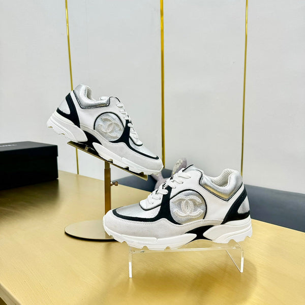 cc womens sneaker in silver wool tweed and white black suede calfskin 137610