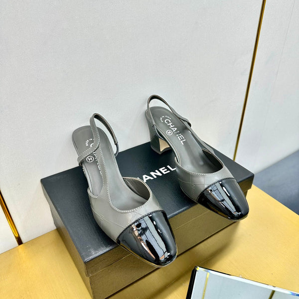 cc slingback pumps 65 in grey lambskin and black patent calfskin 137435
