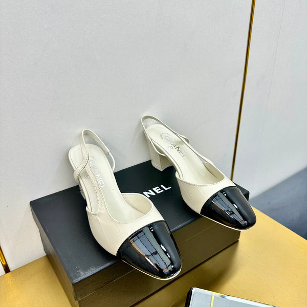 cc slingback pumps 65 in cream lambskin and black patent calfskin 137437