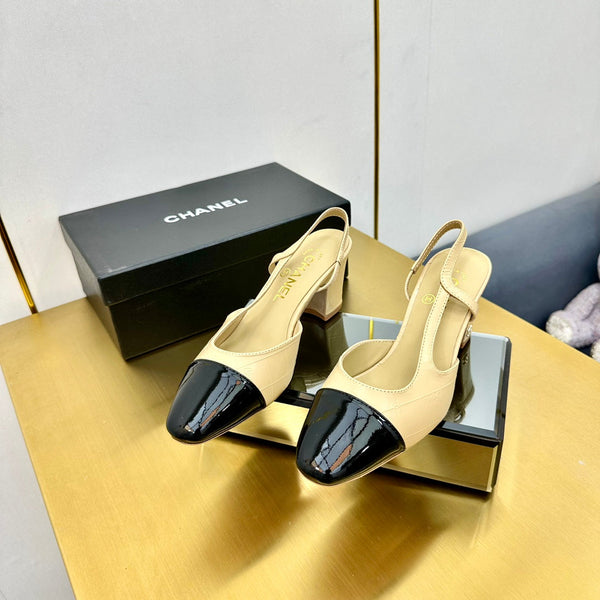 cc slingback pumps 65 in beige lambskin and black patent calfskin