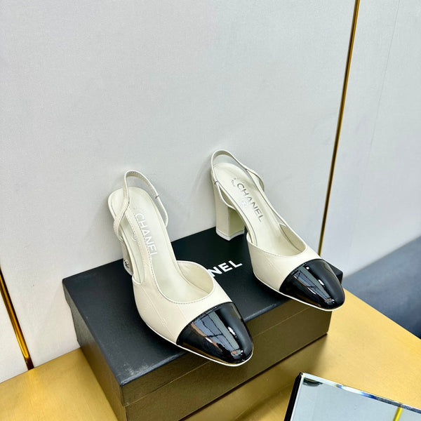 cc slingback pumps 90 in cream lambskin and black patent calfskin 137456