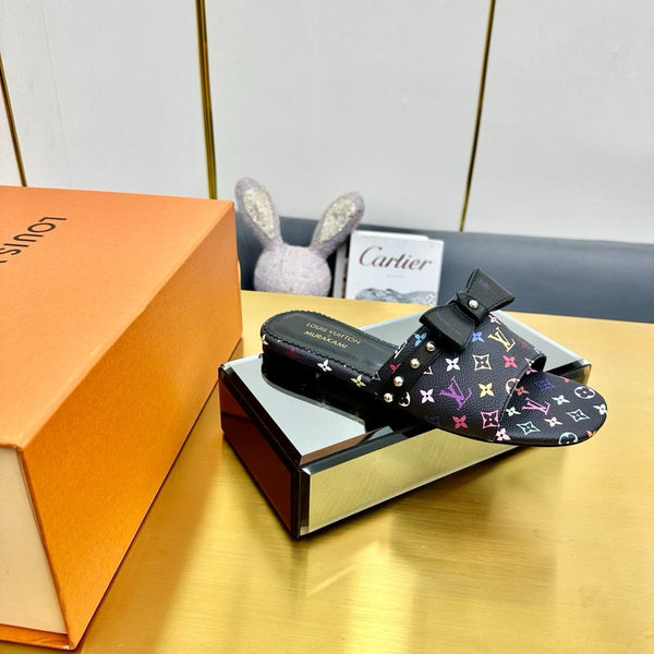 LV 25C LV x TM 6AM Flat Mule Black Bow Black with Monogram Multicolore Leather 219950