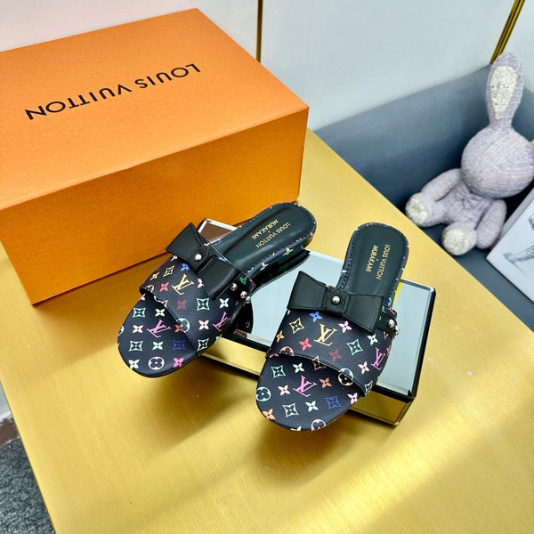 LV 25C LV x TM 6AM Flat Mule Black Bow Mocha Brown with Monogram Multicolore Leather 219951
