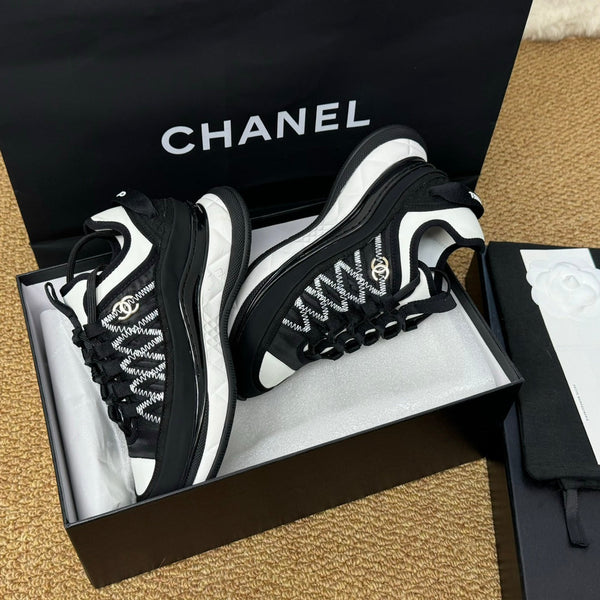 CC Sneaker Black Mix White Calfskin And Silk Parachute Fabric 947509