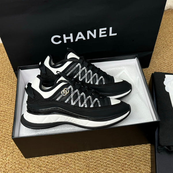 CC Sneaker Black Mix White Calfskin And Silk Parachute Fabric 947509