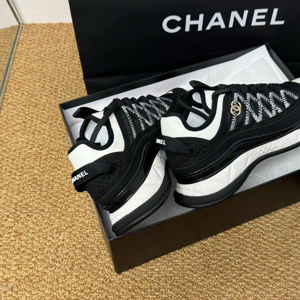 CC Sneaker Black Mix White Calfskin And Silk Parachute Fabric 947509