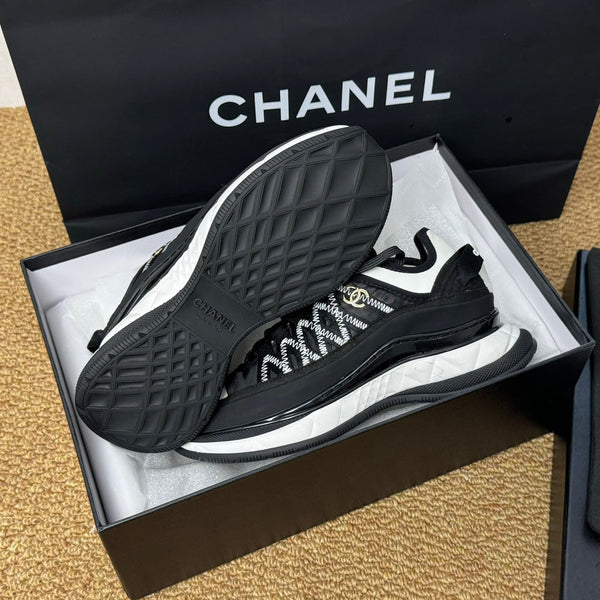 CC Sneaker Black Mix White Calfskin And Silk Parachute Fabric 947509