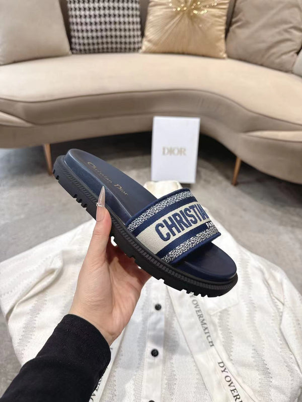 CD 26s Platform Sandals Navy Blue Cream Leather Fabric 944464
