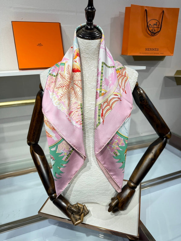 HM Aloha Scarf 90x90 Pink Colorful Twill Silk 209508