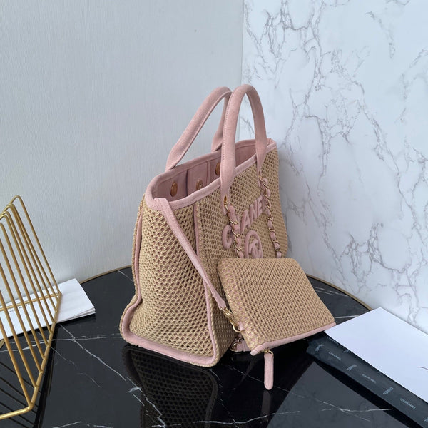 CC 25 Deauville Tote Bag 34cm Beige Pink Crochet Suede