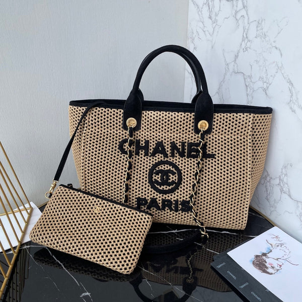 Borsa tote CC 25 Deauville 34 cm Beige Nero Crochet Suede