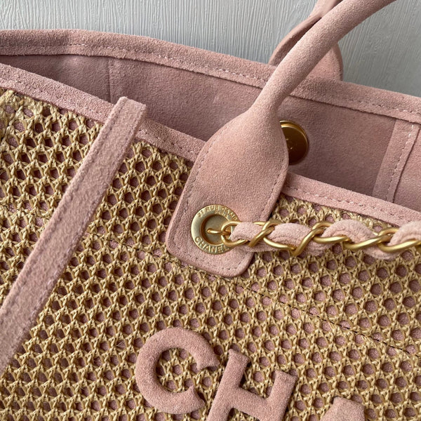 CC 25 Deauville Tote Bag 38cm Beige Pink Crochet Suede